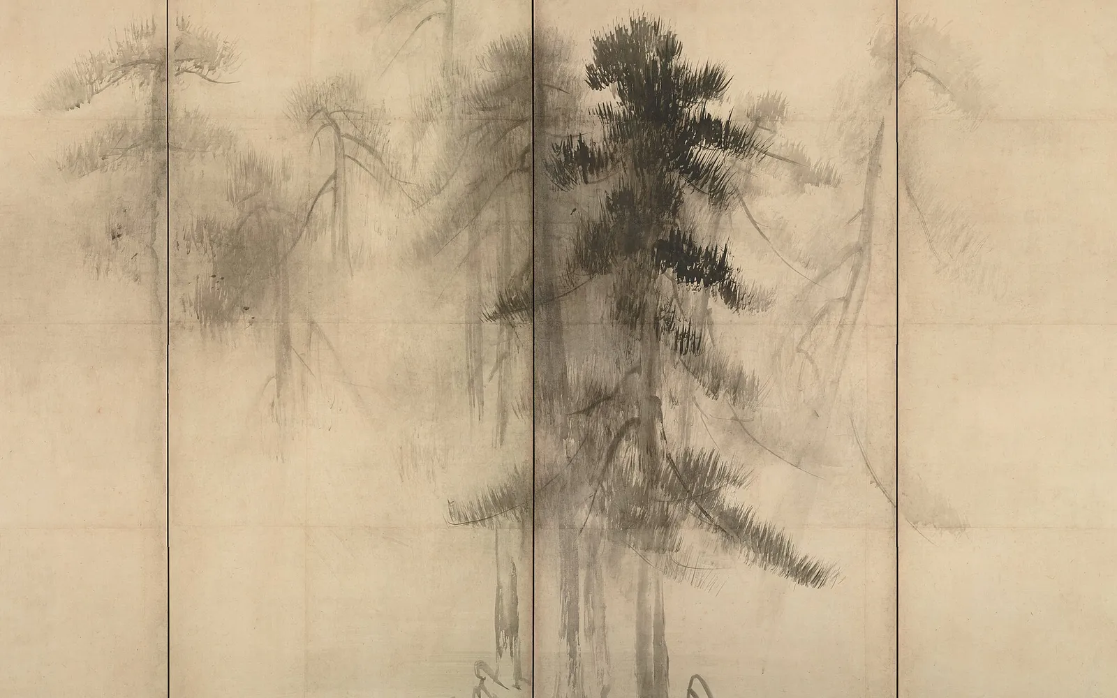 Pines emerging from and dissolving into mist across a folding screen, Hasegawa Tohaku, c. 1595